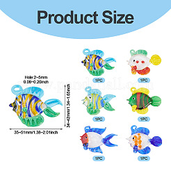 6個6スタイル手作りランプワークペンダント  魚のチャーム  ミックスカラー  34~42x35~51x11~21mm  穴：2~5mm  1個/スタイル&nbsp;LAMP-TA0002-46