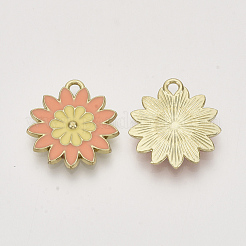 ツートーンアロイエナメルペンダント  ライトゴールド  花  サンゴ  21x19x2.5mm  穴：2mm&nbsp;ENAM-N050-01B