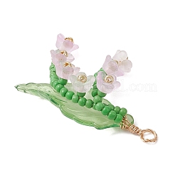銅線入りガラスペンダント  花のチャーム  アクリルリーフとシードビーズ付き  ミスティローズ  35.5x22x10mm  穴：2.5mm&nbsp;PALLOY-MZ01200-02
