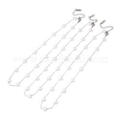304 Stainless Steel with ABS Plastic Pearl Flat Round Bead Cable Chain Necklaces for Women&nbsp;NJEW-G190-03P