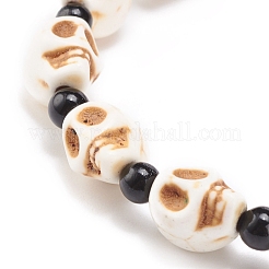 Natural Mashan Jade Skull & Synthetic Turquoise(Dyed) Beaded Stretch Bracelet&nbsp;BJEW-JB08377-01