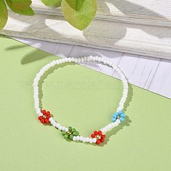 手作りのデイジーフラワーベーキングペイント＆染めガラスシードビーズストレッチブレスレット  女性の女の子のために  クリムゾン  内径：2インチ（5cm）&nbsp;BJEW-JB07668-01