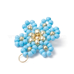 ガラスシードビーズの花のペンダント  304ステンレススチール製丸カン付き  ライトスカイブルー  22.5x17.5x4mm  穴：2.5mm&nbsp;PALLOY-MZ00712-05