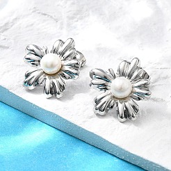 304ステンレススチールスタッドピアス金具  天然淡水パール  花  ステンレス鋼色  20.5x19.5mm  穴：2.5mm  ピン：11.5x0.7mm&nbsp;EJEW-F361-15P