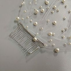 ポリエステルブライダルメッシュベール  金属製のヘアコームと模造真珠付き  女性のための  ホワイト  950mm&nbsp;AJEW-WH20073-032A