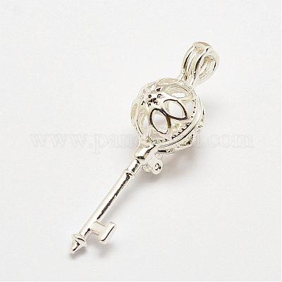 真鍮製アロマペンダント  ケージペンダント  キー  カドミウムフリー＆鉛フリー  銀色のメッキ  36x10x11mm  穴：2x3mm  インナーサイズ：8mm&nbsp;KK-P100-20S-RS-1