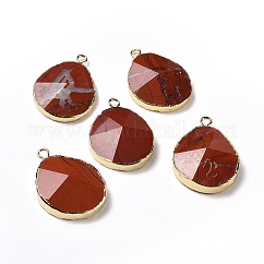 天然石レッドジャスパーペンダント  真鍮パーツ  多面カット  ドロップ  ゴールドカラー  31~35x20~25x7~9mm  穴：2.5mm