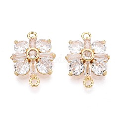 Brass Pave Clear Cubic Zirconia Connector Charms, Flower Links, Long-Lasting Plated, Golden, 14.5x20x4.5mm, Hole: 1.6mm