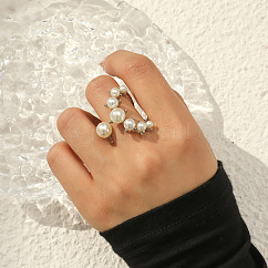 Alloy with Imitation Pearls Open Cuff Rings for Women, Platinum, Inner Diameter: Adjustable