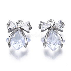 Brass Inlaid Clear Cubic Zirconia Pendants, Cadmium Free & Nickel Free & Lead Free, Bowknot, Platinum, 15x10x4mm, Hole: 1.2mm