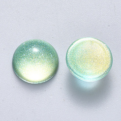 透明スプレー塗装ガラスカボション  グリッターパウダー付き  半円/ドーム  アクアマリン  14x7mm&nbsp;GLAA-S190-013C-D03