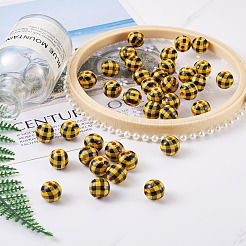 天然木製ビーズ  チェック柄ビーズ  タータン模様  ラウンド  きいろ  5/8インチ（16mm）  穴：4mm&nbsp;WOOD-TAC0010-05M