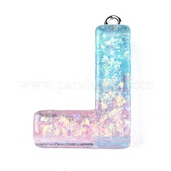 透明エポキシ樹脂ペンダント  スパンコールとプラチナトーンのループ付き  言葉  文字L  29.5x20x8mm  穴：2mm&nbsp;CRES-S364-002L