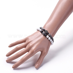 ストレッチブレスレットセット  積み重ね可能なブレスレット  ナチュラルネットストーンビーズブレスレット＆ナチュラルハウライトビーズブレスレット  天然黒瑪瑙（染色）ビーズと真鍮マイクロパヴェキュービックジルコニアリンク付き  クロス  2インチ（50mm）  2個/セット&nbsp;BJEW-JB05027-05