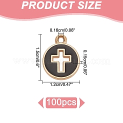 ライトゴールドメッキ合金エナメルペンダント100個。  クロスとフラットラウンド  ブラック  15x12x1.5mm  穴：1.6mm&nbsp;ENAM-AR0001-75