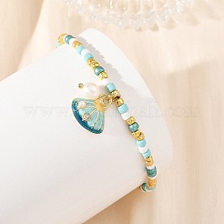 Ocean Natural Pearl and Alloy Crystal Rhinestone Enamel Shell Shape Charm Bracelets&nbsp;BJEW-JB14256