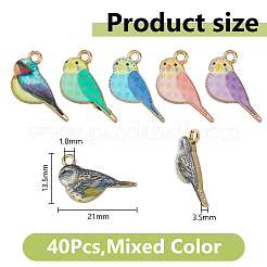 40本プリントアロイペンダント  ライトゴールド  ロビン鳥チャーム  ミックスカラー  13.5x21x3.5mm  穴：1.8mm&nbsp;FIND-DC0008-05