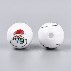 クリスマスプリントの不透明アクリル丸ビーズ  雪だるま  15.5~16mm  穴：3mm&nbsp;OACR-T029-08D