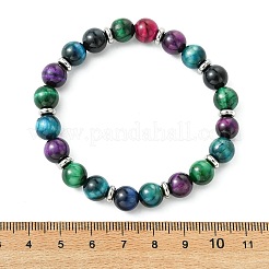 Dyed & Heated Natural Tiger Eye & Brass Round Beaded Stretch Bracelets for Women Men&nbsp;BJEW-JB13933
