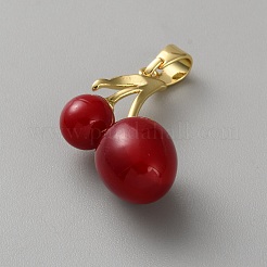 真鍮製の樹脂ペンダント  チェリー  ゴールド  レッド  27x18x11.5mm  穴：7x4mm&nbsp;LS-KK-CJC0030-04G-05