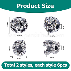 12個 2スタイル 304ステンレススチールビーズ  虎  アンティークシルバー  10~11x8~11x9~10mm  穴：2mm  6個/スタイル&nbsp;STAS-HS0001-77