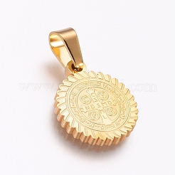304ステンレスペンダント  聖人ベネディクトとフラットラウンド  ゴールドカラー  18x15x2mm  穴：6.5x4mm&nbsp;STAS-I121-18A