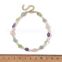 Natural Rose Quartz & Amazonite & Prehnite & Amethyst & Cultured Freshwater Pearl Nuggets Beaded Anklets for Women&nbsp;AJEW-AN00858