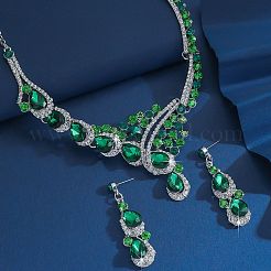 女性用ティアドロップ合金ラインストーンビブネックレス＆スタッドピアスセット  エメラルド  ネックレス: 320mm;イヤリング：54x16.2mm&nbsp;FS-WG2AA93-01