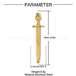 304ステンレススチール製ビッグペンダント  剣のチャーム  イオンプレーティング（ip）  18KGP本金メッキ  66x14mm&nbsp;STAS-OY006-21G