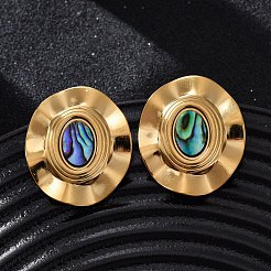 304ステンレススチール天然パウア貝スタッドピアス  オーバル  イオンプレーティング（ip）  18KGP本金メッキ  28x23.5mm&nbsp;EJEW-Z103-01G-01