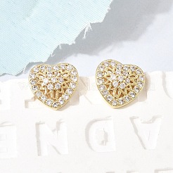 Valentine's Day Heart Brass Micro Pave Clear Cubic Zirconia Stud Earrings&nbsp;EJEW-C186-17G-01