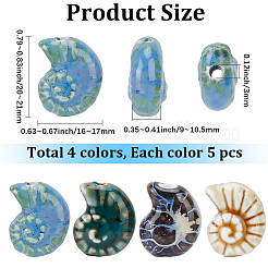 20 個 4 色の手作り磁器ビーズ  カタツムリ  光沢釉の磁器  ミックスカラー  20~21x16~17x9~10.5mm  穴：2~3mm  5個/カラー&nbsp;PORC-PA0001-43