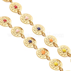 304 Stainless Steel Enamel Colorful Flat Round with Flower Link Chain Bracelet Making&nbsp;AJEW-JB01599