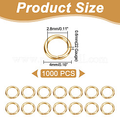 304ステンレススチールオープン丸カン1000個  ラウンド  DIYジュエリー製作用  18KGP本金メッキ  22ゲージ  4x0.6mm  内径：2.8mm&nbsp;STAS-AR0002-11