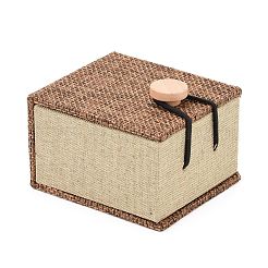 長方形の木製のリングボックス  黄麻布とベルベットと  キャメル  7x6x5.2cm&nbsp;OBOX-N013-02