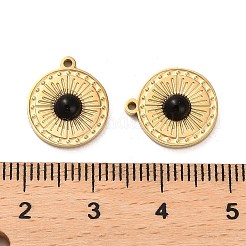 天然黒曜石のフラットラウンドいチャーム  304ステンレススチールセッティング  14KGP本金メッキ  13.5x12x3mm  穴：1.2mm&nbsp;STAS-L022-079G