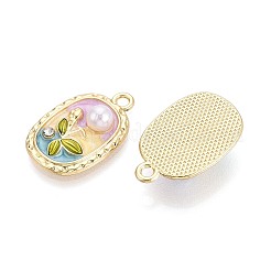 ラックメッキ合金ラインストーンエナメルペンダント  長方形と花  ABSの模造パールと  ライトゴールド  23x15x5.5mm  穴：2mm&nbsp;ENAM-N065-10KCG