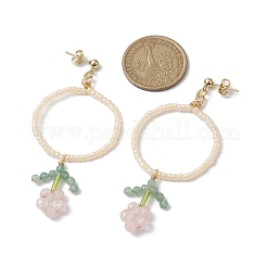 フラワー ガラス シード ビーズ ダングル イヤリング  女性用304ステンレススチールスタッドピアス  カラフル  75x33mm&nbsp;EJEW-MZ00148-01