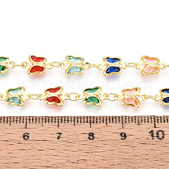 真鍮ガラスの蝶のチャームリンクチェーン  ハンダ付け  スプールで  ゴールドカラー  カラフル  10.5~11x7x2mm  約32.81フィート（10m）/ロール&nbsp;CHC-T018-11A-G