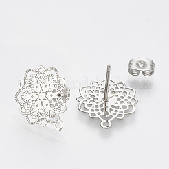 変色しない304ステンレススチールスタッドピアス金具  カン付き  花  ステンレス鋼色  17x14.5mm  穴：1mm  ピン：0.7mm&nbsp;X-STAS-S079-30B
