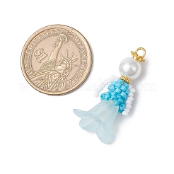 ガラスシードビーズの花の置物ペンダント  ガラスパールとアクリル  ディープスカイブルー  33x18x17.5mm  穴：2.5mm&nbsp;PALLOY-MZ00686-04