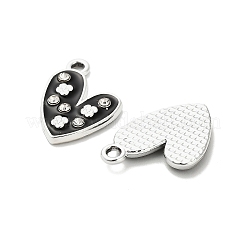 合金ラインストーンペンダント  黒のエナメル  花のチャーム付きハート  プラチナ  18.5x14.5x2.5mm  穴：1.8mm&nbsp;FIND-I043-01P