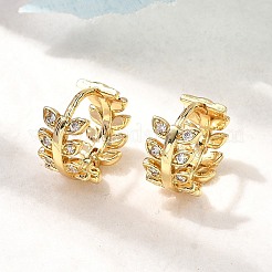 真鍮マイクロパヴェクリアキュービックジルコニアリーフフープピアス  ラックめっき  長持ちメッキ  カドミウムフリー＆鉛フリー  18KGP本金メッキ  14x7.5mm&nbsp;EJEW-P322-15G