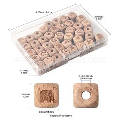 42個、7種類の彫刻入りブナ材ビーズ  染色されていない  キューブ  混合図形  12x12x12mm  穴：4~4.5mm  6個/スタイル&nbsp;WOOD-FS0001-53