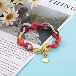 真鍮ハートチャームブレスレット  ゴム引きスタイルのアクリルアズキチェーン付き  カラフル  18KGP本金メッキ  8-3/4インチ（22.3cm）&nbsp;BJEW-JB06195