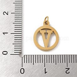 304ステンレススチールチャーム、ジャンプリング付き  ゴールドカラー  文字チャーム付きリング  V字  14.5x12x1.5mm  穴：3mm&nbsp;LS-STAS-R001-02G-V
