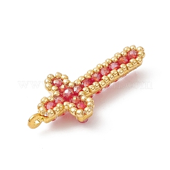 電気メッキガラスチャーム  クロスチャーム  合金とシードビーズ  多面カット  レッド  40x29x7mm  穴：1.8mm&nbsp;PALLOY-MZ01132-01