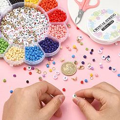 DIY ブレスレット ネックレス メイキング キット  ガラスシード、アクリルレター、プラスチックラウンドビーズを含む  合金クラスプ  伸縮性のある糸  はさみ  ミックスカラー  2111個/箱&nbsp;DIY-YW0007-83