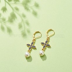 合金エナメル クローバーとグラス パールのロング ダングル レバーバック イヤリング  女性のための金メッキ真鍮ジュエリー  ブラック  49mm  ピン：0.8mm&nbsp;EJEW-JE05053-02