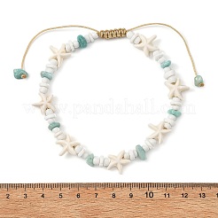Ocean Natural Amazonite Chip & Starfish Synthetic Turquoise & Glass Seed Beaded Braided Anklets for Women&nbsp;AJEW-AN00805